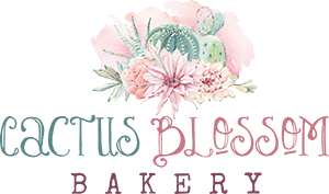 A vertical logo including desert cactus and flora and the words "Cactus Blossom Bakery".